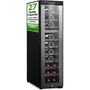 image:imageNutriChef 27 Bottle Wine Fridge  Dual Zone Wine Chiller  Adjustable Temperature 41F to 64F  Ultra Quiet Operation  Wine Cooler For Home amp Office  Free Standing 43x11x23 IN  Black
