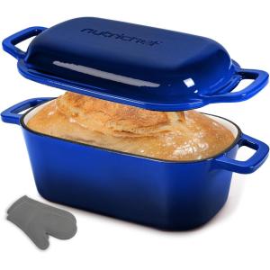 image:imageNutriChef 10 Enameled Cast Iron Bread Pan with Lid Oval Loaf Dutch Oven with Silicone Gloves OvenSafe to 500F for Baking Roasting Stewing amp More Dishwasher Safe BlueBlue