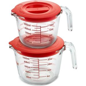 image:imageNutriChef 2 and 4 Cups Glass Measuring Cup Set with Lids 17 amp 34 oz  HeatResistant Borosilicate Liquid Measure Cups with EasyRead Scale for Cooking Baking and Food Storage Dishwasher Safe