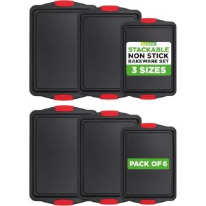image:imageNutriChef 3Piece Cookie Sheets for Baking NonStick Baking Pans Set with Silicone Handles Stackable Oven Trays in Small Medium amp Large Sizes for Professional and Everyday Use 2026 Edition6 Pack sorted sizes