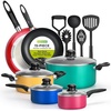 image:imageNutriChef 15Piece Colorful Pots and Pans Set  Heat Resistant Lacquer Cookware Set with Saucepot Frying Pans Oven Pot Lids Utensil set  All Cooktop Compatible Including Induction