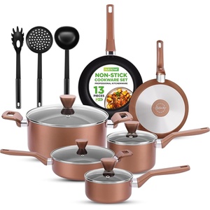 image:imageNutriChef 13Piece Nonstick Kitchen Cookware SetPTFEPFOAPFOSFree Heat Resistant Kitchen Ware Pots Pan Set w SaucepanFrying PansCooking PotsCasseroleLids LadleFork StrainerBrown NCCWA13BRBrown