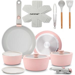 image:imageNutriChef Nonstick Kitchenware Pots amp Pans  11 Pcs Stylish Kitchen Cookware Set wElegant Lines PatternGray Inside amp Red Outside Metal  Silicone Handle PTFEPFOAPFOS Free  NCCW11RDLGray