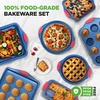 image:imageNutriChef 8Piece NonStick Baking Tray Set OvenSafe Bakeware Trays with Cookie Sheet Loaf Pan Pizza Pan Muffin Tin Cake Tin Durable Carbon Steel Baking Set with Red Silicone Handles  Blue