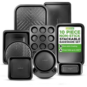 image:image10Piece Nonstick Bakeware Set  PFOA PFOS PTFE Free Food Grade Safe Carbon Steel Baking Tray Set  Oven Safe Up to 446F Pizza Loaf Muffin RoundSquare Pans Cookie Sheet Etc  NutriChef NCBS10SBlack