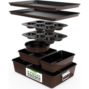 image:imageNutriChef 8Piece Nonstick Bakeware Set  Baking Tray Set wNonStick Coating 450F Oven Safe Round Cake Loaf Muffin WideSquare Pans Cookie Sheet BlueBrown