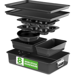 image:imageNutriChef 8 Piece Nonstick Bakeware Set  Carbon Steel Baking Pans for Oven  Includes Sheet Pan Muffin Loaf Round and Square Cake Pan  Dishwasher Safe Stackable Design Oven Safe up to 446FBlack
