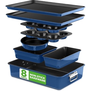 image:imageNutriChef 8 Piece Nonstick Bakeware Set  Carbon Steel Baking Pans for Oven  Includes Sheet Pan Muffin Loaf Round and Square Cake Pan  Dishwasher Safe Stackable Design Oven Safe up to 446FBlue