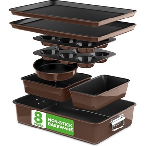 image:imageNutriChef 8 Piece Nonstick Bakeware Set  Carbon Steel Baking Pans for Oven  Includes Sheet Pan Muffin Loaf Round and Square Cake Pan  Dishwasher Safe Stackable Design Oven Safe up to 446FBrown
