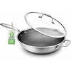 image:imageNutriChef 12 Stainless Steel Durable Wok  Triply Kitchenware Wok with Glass Lid Side Handle  DAKIN Etching NonStick Coating Scratchresistant Raisedup Honeycomb Fire Textured PatternSilver