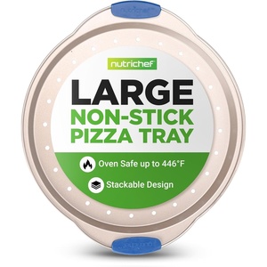 image:imageNutriChef 13Inch NonStick Pizza Tray with Silicone Handle  Perforated Carbon Steel Dishwasher Safe PFOA Free  Champagne Gold  12 PackChampagne Gold