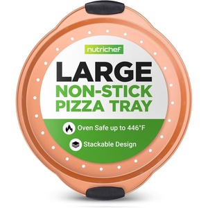 image:imageNutriChef 13Inch NonStick Pizza Tray with Silicone Handle  Perforated Carbon Steel Dishwasher Safe PFOA Free  Champagne Gold  12 PackCopper