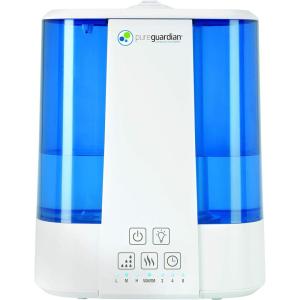 imagePureGuardian H5225WCA Ultrasonic Warm ampamp Cool Mist Humidifier 100 Hrs Run Time 2 Gal Tank 560 Sq Ft Coverage Quiet Filter Free Silver Clean Treated Tank Essential Oil Tray WhiteBlue