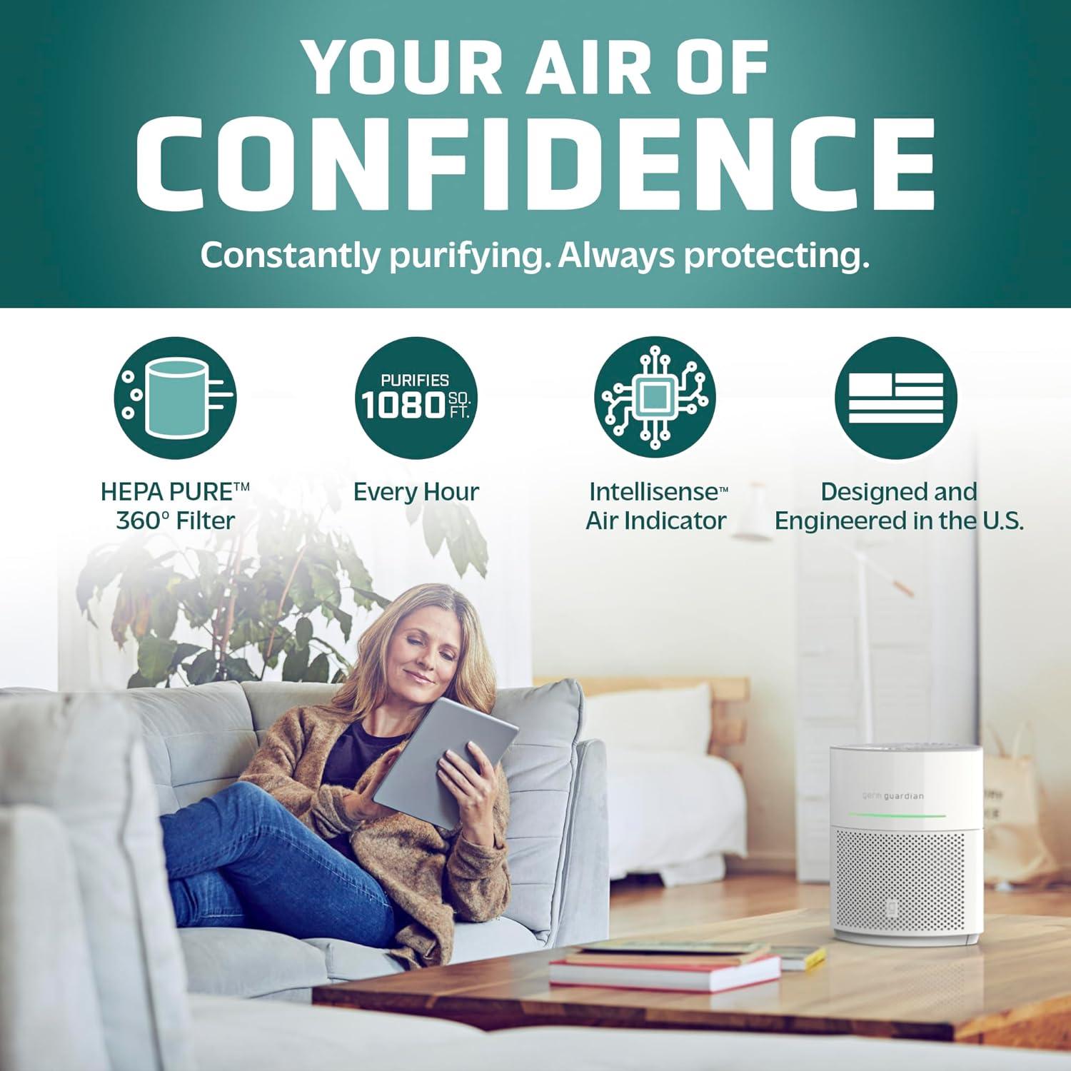 imageGermGuardian Airsafe Air Purifier for Home for Wildfire Smoke Pets Pollen Odor Large Rooms Up To 1040 Sq Ft with HEPA Pure Air Filter UVC Light ampamp Air Quality Sensor 12quot AC3000B BlackAirsafe Intelligent Air Purifier