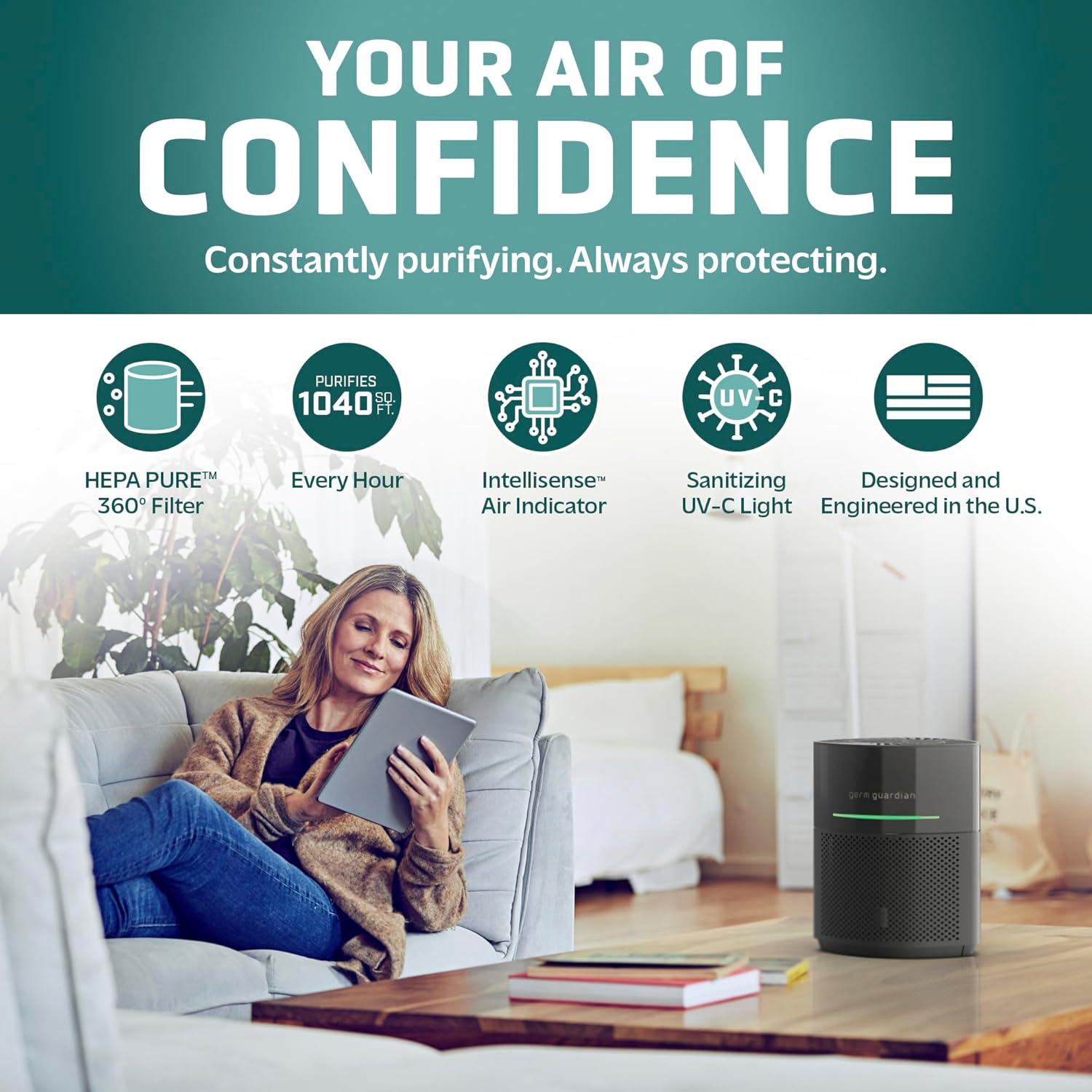 imageGermGuardian Airsafe Air Purifier for Home for Wildfire Smoke Pets Pollen Odor Large Rooms Up To 1040 Sq Ft with HEPA Pure Air Filter UVC Light ampamp Air Quality Sensor 12quot AC3000B BlackAirsafe Intelligent Air Purifier with UVC light  Black