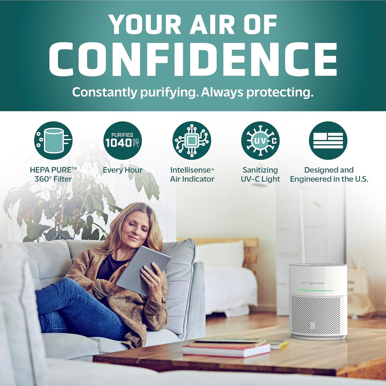 imageGermGuardian Airsafe Air Purifier for Home for Wildfire Smoke Pets Pollen Odor Large Rooms Up To 1040 Sq Ft with HEPA Pure Air Filter UVC Light ampamp Air Quality Sensor 12quot AC3000B BlackAirsafe Intelligent Air Purifier with UVC light  White