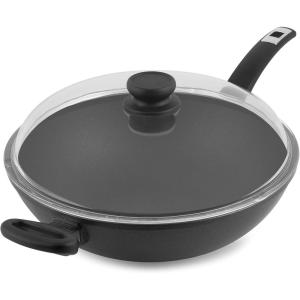 imageMade in Germany Hand Cast Aluminum Wok with Glass Lid Nonstick Cookware Pan with Diamond Reinforced Coating 5Quart Black