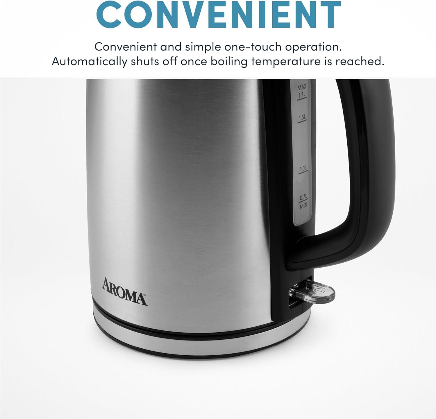 imageAroma Housewares AROMA 17L  7Cup Stainless Steel Electric Kettle with Cordless Pouring Automatic Keep Warm Mode Powerful ampamp Quick 1750 Wattage AWK1402SB