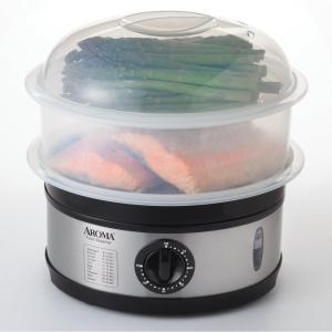 imageAROMA Double Food Steamer Basket and Electric Rice Steamer with EasyRead Water Level and Timer5Quart Capacity