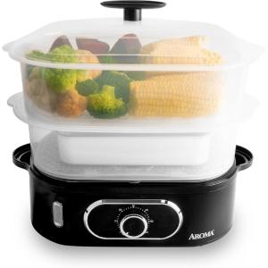 imageAROMA Double Food Steamer Basket and Electric Rice Steamer with EasyRead Water Level and Timer8Quart Capacity