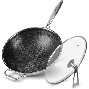 imageAROMA NonStick Stainless Steel Wok Pan with SelfBalancing Lid and Honeycomb SurfaceGuard Technology 125 Inches 5Qt