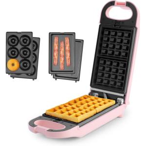 imageAROMA Swap ampamp Flip Waffle Maker with Removable Plates 3in1 Panini Press Mini Donut Maker and Waffle IronPink