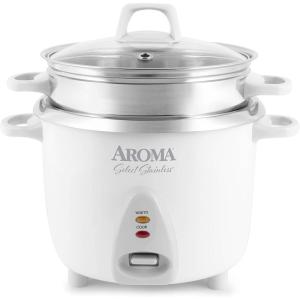imageAroma Housewares 14Cup Cooked  3Qt Select Stainless PotStyle Rice Cooker ampamp Food Steamer OneTouch Operation Automatic Keep Warm Mode White ARC7571SG