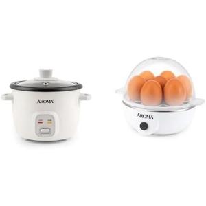 imageAROMA Housewares Mini Rice ampamp Grain Cooker and Egg Cooker Bundle  Cook Rice Grains Soup and Boil Eggs  Includes 4Cup Cooked Rice Cooker ARC302NG and XL 7Egg Capacity Steamer ampamp Poacher