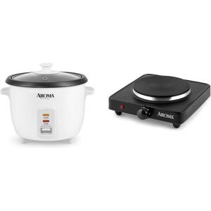 imageAroma Housewares Aroma 6cup cooked 15 Qt One Touch Rice Cooker White ARC363NG 6 cup cooked 3 cup uncook 15 Qt ampamp AHP303 Single Burner Hot Plate Metal BlackWHITE