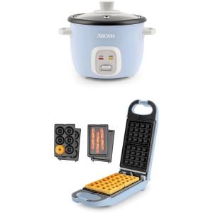 imageAROMA Housewares Mini Rice ampamp Grain Cooker and Waffle Maker Bundle  Cook Rice Grains and Make Waffles Paninis and Donuts  Includes 4Cup Cooked Rice Cooker and 3in1 Swap ampamp Flip Waffle Maker