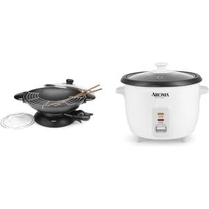 imageAroma Housewares 5Quart Electric Wok with Tempered Glass Lid Steaming Rack Chopsticks Tempura Rack and Aroma 6Cup Rice Cooker