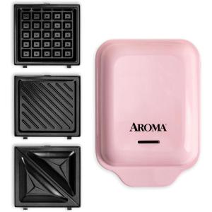 imageAROMA 3in1 Panini Press Sandwich Grill and Waffle Maker with Removable Ceramic Coated PlatesPink