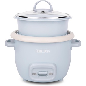 image:imageAROMA CoreCoat Mini Rice Cooker 3 Cups Cooked with Nonstick Ceramic Pot Coating Glass Lid and PopUp Steamer Tray 08 QuartBlue