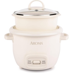 image:imageAROMA CoreCoat Mini Rice Cooker 3 Cups Cooked with Nonstick Ceramic Pot Coating Glass Lid and PopUp Steamer Tray 08 QuartCream