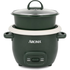 image:imageAROMA CoreCoat Mini Rice Cooker 3 Cups Cooked with Nonstick Ceramic Pot Coating Glass Lid and PopUp Steamer Tray 08 QuartDeep Pine