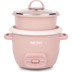 image:imageAROMA CoreCoat Mini Rice Cooker 3 Cups Cooked with Nonstick Ceramic Pot Coating Glass Lid and PopUp Steamer Tray 08 QuartPink
