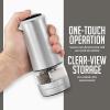 imageOVENTE 2 in 1 Stainless Steel Sea Salt and Pepper Grinder with Ceramic Blade Automatic One Hand Operation ampamp Battery Operated Salt ampamp Pepper Mill Easy Grinding Adjustable Coarseness Silver SPD121S
