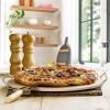 imageOVENTE Ceramic Flat 13 Inch Pizza Stone Set with Crust Cutter Wheel ampamp Metal RackHandle Compact Easy Storage Portable Baking Grilling Stone Thermal Shock Resistance for Oven Grill BBQ Beige BW10132