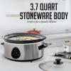imageOVENTE Electric Slow Cooker with 3 Cooking Settings DishwasherSafe Stoneware Tempered Glass Lid and 37 Quart Oval Ceramic Pot Perfect for Entrees Soups Sauces Stews and Dips Silver SLO35ABRSilver
