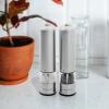 imageOVENTE Electric Stainless Steel Tall Sea Salt and Pepper Grinder Set with Ceramic Blade Battery Operated Adjustable Coarseness Salt ampamp Pepper Mill Automatic One Handed Touch Pack of 2 Silver SPD112S