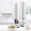 imageOVENTE Electric Stainless Steel Tall Sea Salt and Pepper Grinder Set with Ceramic Blade Battery Operated Adjustable Coarseness Salt ampamp Pepper Mill Automatic One Handed Touch Pack of 2 Silver SPD112S