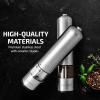 imageOVENTE Electric Stainless Steel Tall Sea Salt and Pepper Grinder Set with Ceramic Blade Battery Operated Adjustable Coarseness Salt ampamp Pepper Mill Automatic One Handed Touch Pack of 2 Silver SPD112S