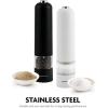 imageOVENTE Set of 2 Electric Salt ampamp Pepper Mill Grinder Battery Powered Stainless Steel Blades Automatic One Handed Operation with light and Adjustable Coarseness Black and White SPD102BW