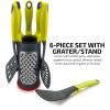 imageOvente 2 In 1 Kitchen Utensil Set with Stand Holder ampamp Grater 6 Piece Cooking Spatula Tools with Heat Resistant Nonstick Coated Nylon Easy Clean Dishwasher Safe for Cooking ampamp Baking Green KT1901001G