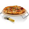 imageOVENTE Ceramic Flat 13 Inch Pizza Stone Set with Crust Cutter Wheel ampamp Metal RackHandle Compact Easy Storage Portable Baking Grilling Stone Thermal Shock Resistance for Oven Grill BBQ Beige BW10132