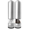 imageOVENTE Electric Stainless Steel Tall Sea Salt and Pepper Grinder Set with Ceramic Blade Battery Operated Adjustable Coarseness Salt ampamp Pepper Mill Automatic One Handed Touch Pack of 2 Silver SPD112S