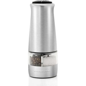 imageOVENTE 2 in 1 Stainless Steel Sea Salt and Pepper Grinder with Ceramic Blade Automatic One Hand Operation ampamp Battery Operated Salt ampamp Pepper Mill Easy Grinding Adjustable Coarseness Silver SPD121S