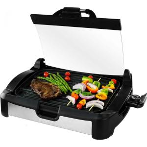imageOVENTE 2in1 Electric Grill and Griddle with Removable Tempered Glass Cover 1700W Fast Heating Ceramic NonStick Plate Perfect for Indoor BBQ Cooking Breakfast Pancake Bacon and Egg Black GR2001B