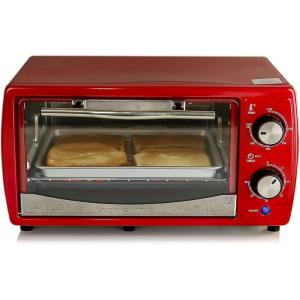 imageOVENTE 4Slice Countertop Toaster Oven 700W Stainless Steel Body 60Minute Timer and LED Indicator Lights Portable with Cool Touch Handle and Easy to Clean Baking Pan ampamp Crumb Tray Red TO6895R