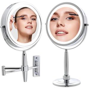 imageOVENTE 7 Lighted Makeup Mirror with 1X8X Magnification Cordless MultiFunctional Round Vanity Mirror with 360 Swivel Design Double Sided and Three Toned LED Lights Nickel Brushed MFM70BR1X8XPolished Chrome